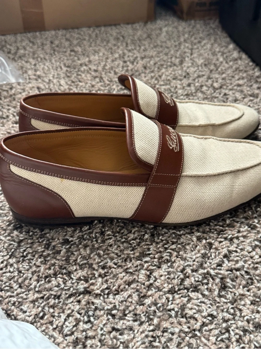 Gucci Men’s Cream Canvas and Brown Leather Loafers39